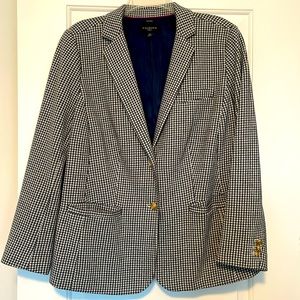 Talbots navy houndstooth blazer with gold insignia buttons.